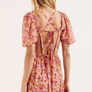 For Love and Lemons Felicia Floral-Print Tie-Back Midi Dress in Red NWT